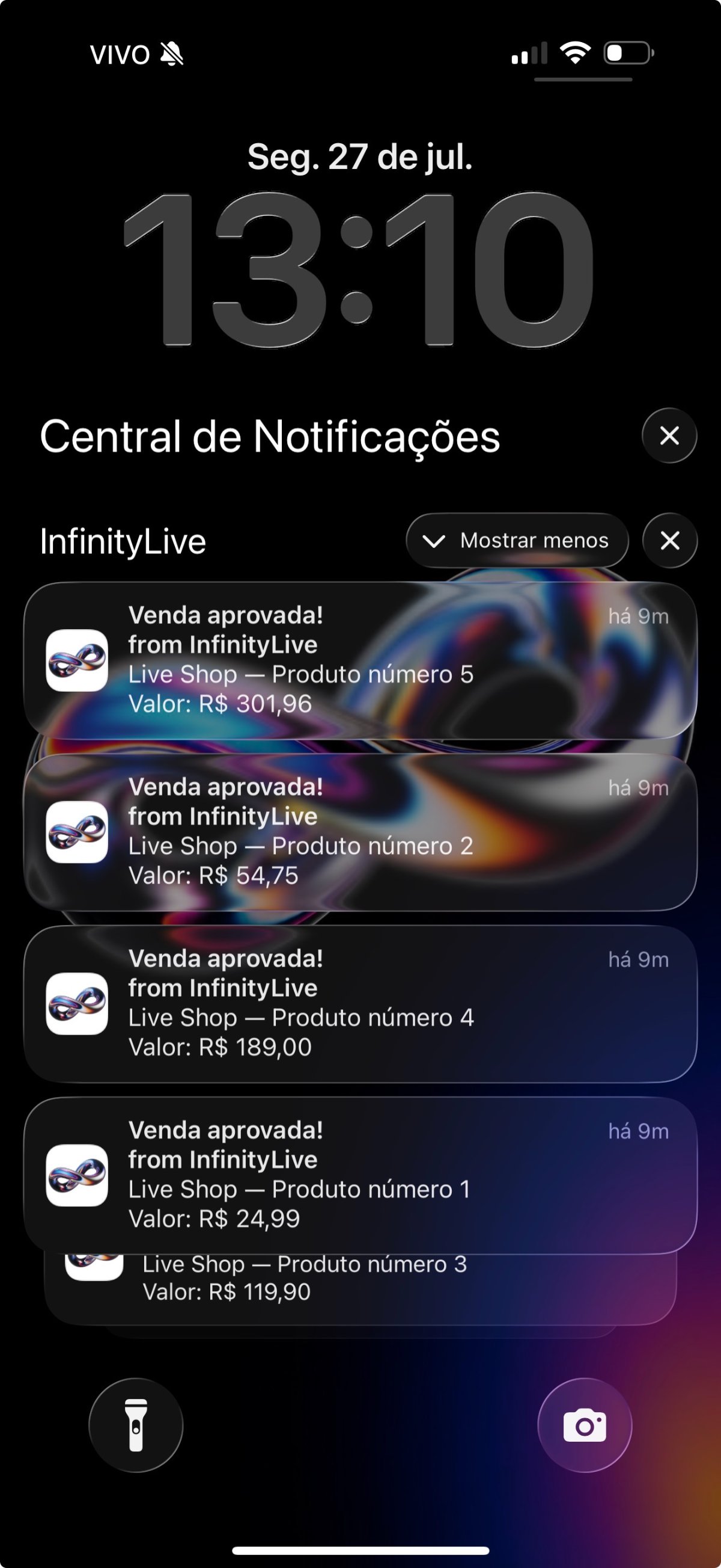 Notificações de vendas da Infinity Live no celular